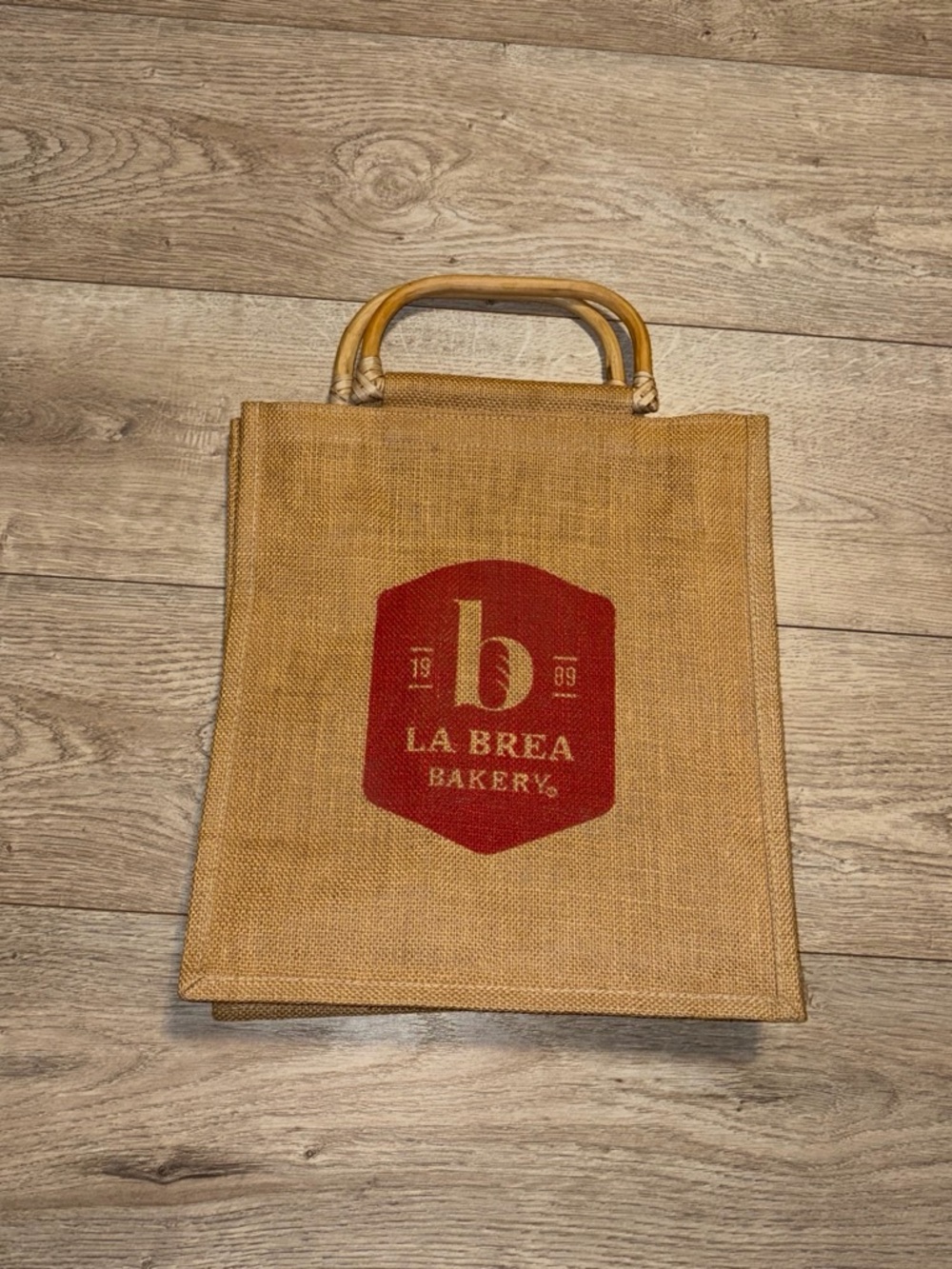 Tan Jute Tote with Red Logo